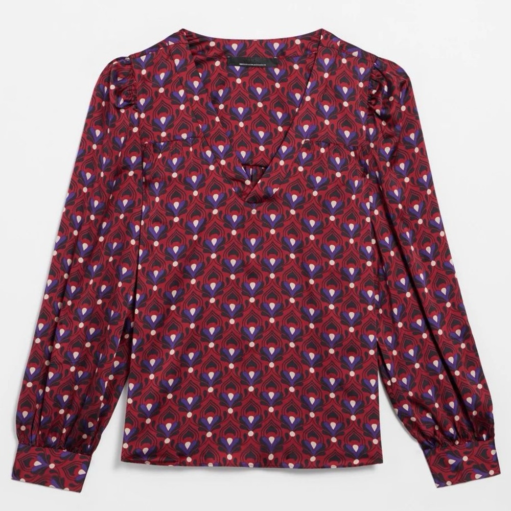 WHBM V-Neck Long Sleeve Printed Blouse - Burgundy Multi Small - Picture 5 of 15